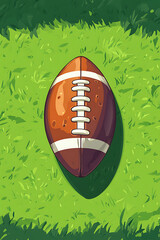 A close-up view of a brown football resting on vibrant green grass under sunlight