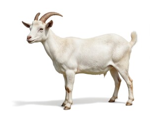 Fototapeta premium Clean white goat stands on white background, brown horns, muscular build. Domesticated mammal often found on farms, in rural settings, known for gentle nature, importance in agriculture.