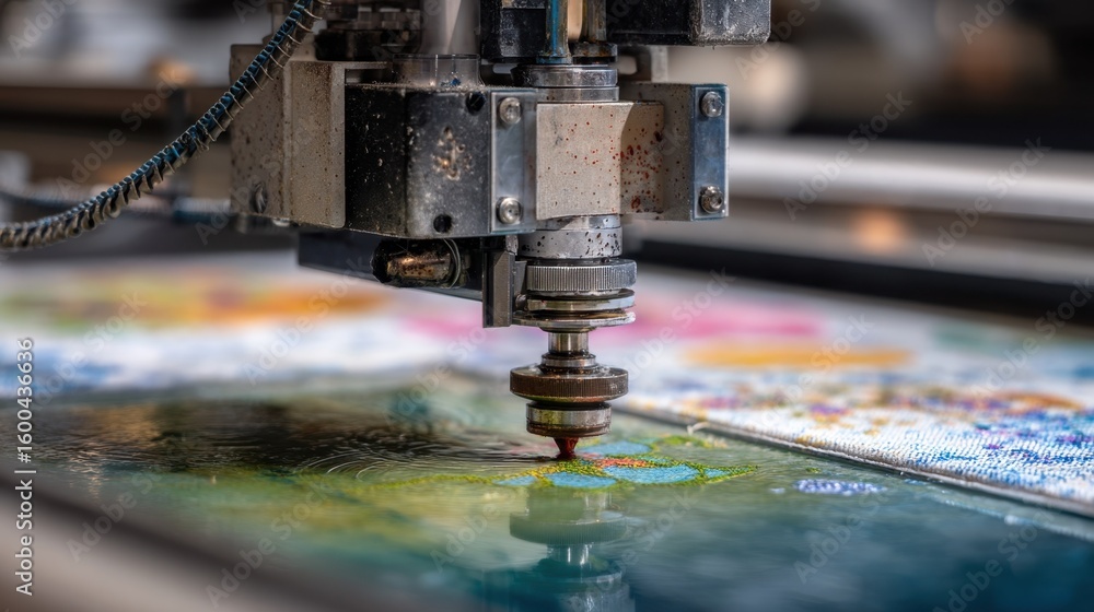 Poster industrial printer meticulously applying algae ink onto a textile, creating vibrant graphics while d