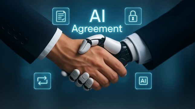 : AI agreement digital deal handshake with futuristic digital interface icons showing technology partnership automation ethics and artificial intelligence contract concept