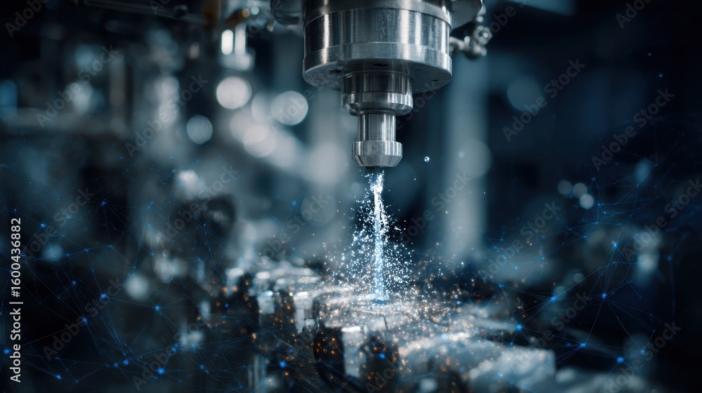 Poster automated nozzle sprays fine droplets of perovskite solution onto a surface, shimmering under contro