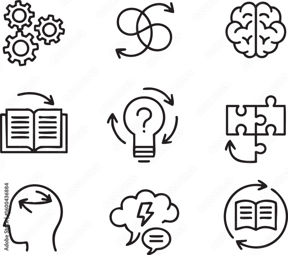 Poster collection of line art icons representing learning problem solving and creative thinking processes i