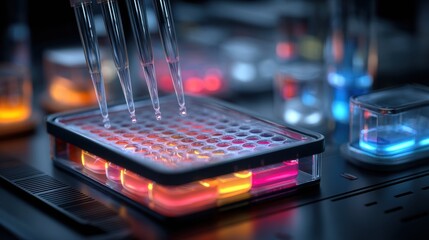 Close Up View of Laboratory Equipment with Colorful Liquids Showcasing Scientific Research and Innovation