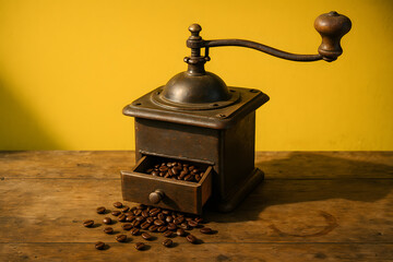 Nostalgic Vintage Coffee Grinder and Roasted Beans Scene for Artisan Coffee Brands