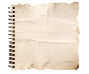 Distressed aged notebook paper with grid lines and torn edges, perfect for vintage designs on transparent background