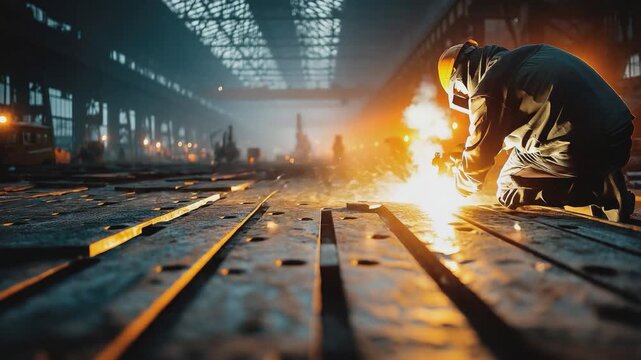 Welder at Work: A skilled welder, illuminated by the intense glow of the welding process, meticulously works on the metal structure inside a vast industrial facility.