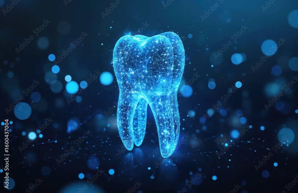 Poster digital rendering of glowing blue tooth, representing modern dental technology, innovation. three-di