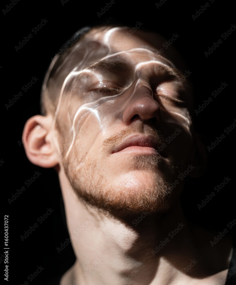 Poster man with closed eyes illuminated by dramatic light patterns on his face in a dark setting