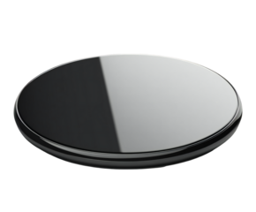 Sleek round wireless charger pad in black and silver, for modern tech, on transparent background