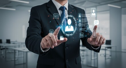 Hands Touching “AI” Icon on Futuristic Tech Interface