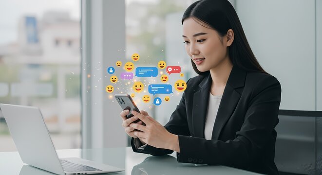 Woman Operating Mobile Phone with Social Media Emojis - Powered by Adobe