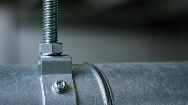 Metal air duct with bolt, nut, and clamp in engineering industry for ventilation system installation and maintenance in metal ductwork industry