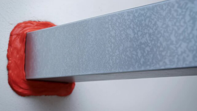 Metal air duct installation and sealing with red putty for engineering industry ventilation systems preventing fire and smoke spread through wall