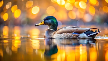 Domestic Duck Swimming with Blurred Colorful Background