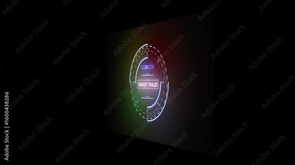 Poster Glowing of beautiful neon color circles and with target failed on a visual display. Artificial intelligence digital technology futuristic computer display and haked on black background.