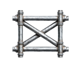 Metallic construction framework featuring intersecting pipes and industrial design, perfectly isolated on transparent background
