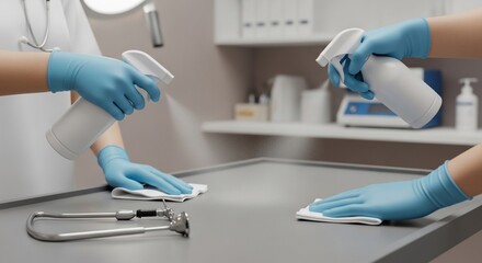 Two people wearing blue gloves are cleaning a medical examination table with spray bottles and wipes in a clinic setting.