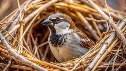 House Sparrow Nesting in Branches with Natural Light