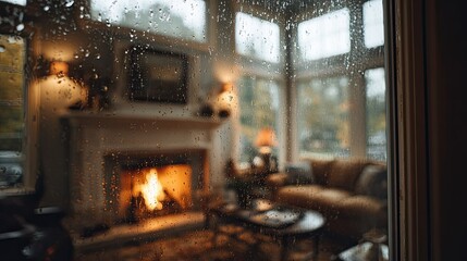 Rainy day view of cozy living room with fireplace (1)