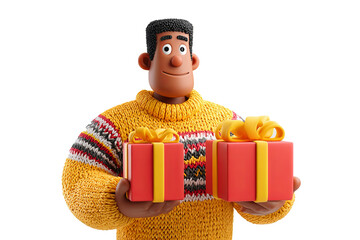 3D cartoon man wearing a patterned yellow sweater and holding two wrapped presents, perfect for Christmas or festive celebrations.
