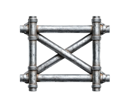 Metallic construction framework featuring intersecting pipes and industrial design, perfectly isolated on transparent background