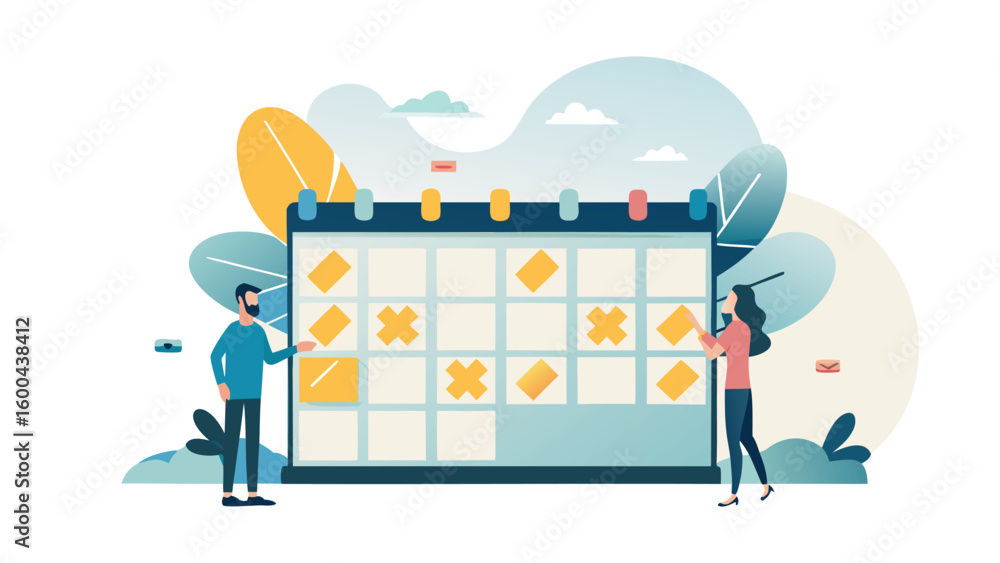 Aufkleber people interacting with a large calendar showing appointments and blocked dates on a light backgroun