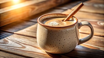 Speckled Ceramic Mug with Coffee and Wooden Stirrer