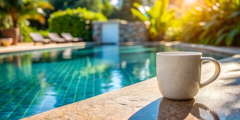 White Coffee Mug by Poolside with Cityscape View