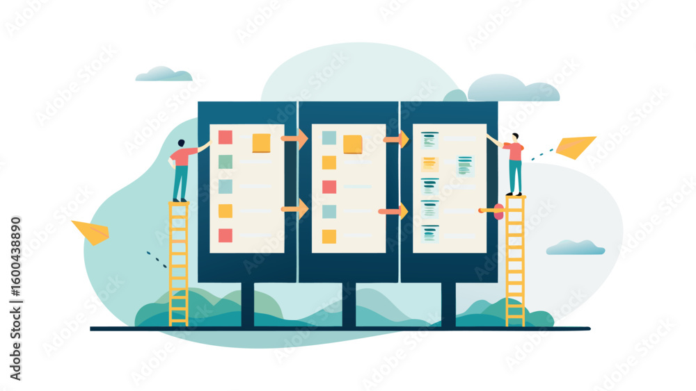Poster illustration of a kanban board with people on ladders adding sticky notes and moving tasks