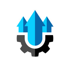 Tech logo with gear cog and arrows up. Growth of industry symbol. Industrial funds, increasing investment in heavy industry concept symbol icon
