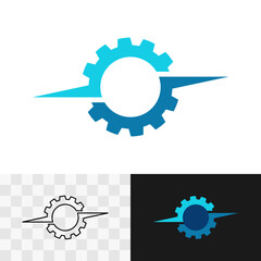 Gear logo icon template with round placeholder at the center and dynamic spike lines to the sides. Two color tech industrial gear cog wheel stylized symbol