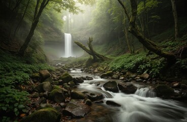 Serene waterfall cascades down cliff into rocky stream within green forest. Mist fills air, creating tranquil atmosphere. Sunlight filters through trees, illuminating mossy rocks, vibrant foliage.