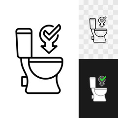 Can be flushed down the toilet icon with arrow and checkbox tick sign. Toilet seat side view silhouette sign. Property of goods symbol. Editable stroke.