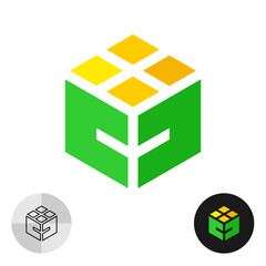 Agricultural logo with flower and leaves in hex shape. Tech style plant hexagonal symbol. 3D cube as meadow flower colorful icon