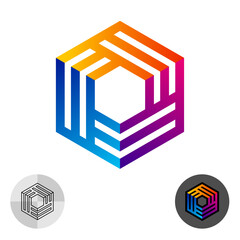 Abstract hex tech logo with parallel lines and bright color gradient fills. Industry 3D cube geometric colorful creative symbol