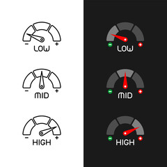 Gauge indicator scale icon set with arrow and low, mid and high pointer showing. Property of an object that shows the amount of substance it contains. Editable stroke.