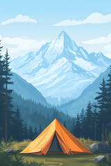 Vibrant orange tent set against a majestic mountain backdrop with lush green forest surroundings