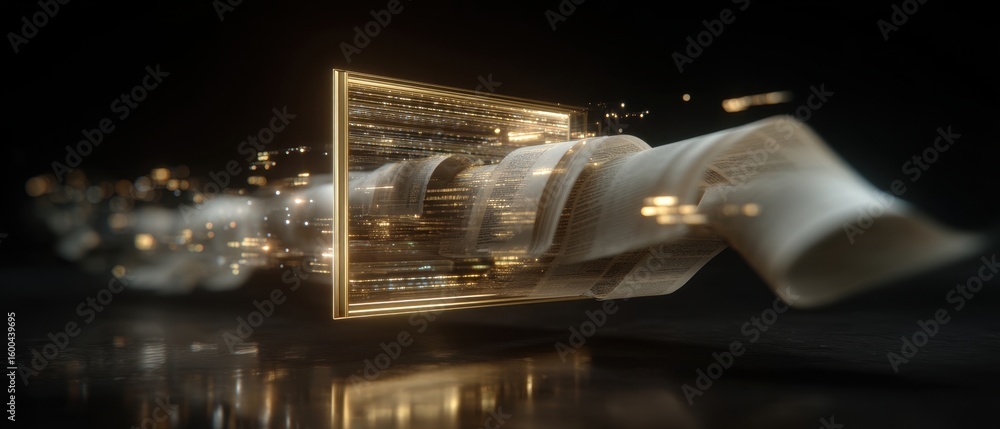 Poster cinematic smart tv display with floating digital archive scroll concept