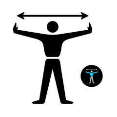 Man standing and showing huge size of an object with hands up stylized silhouette. Large dimensions simple icon with horizontal arrow