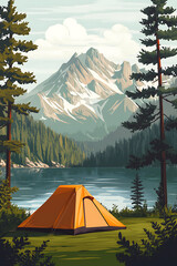Serene lakeside camping scene with a vibrant orange tent amidst tall trees and mountains