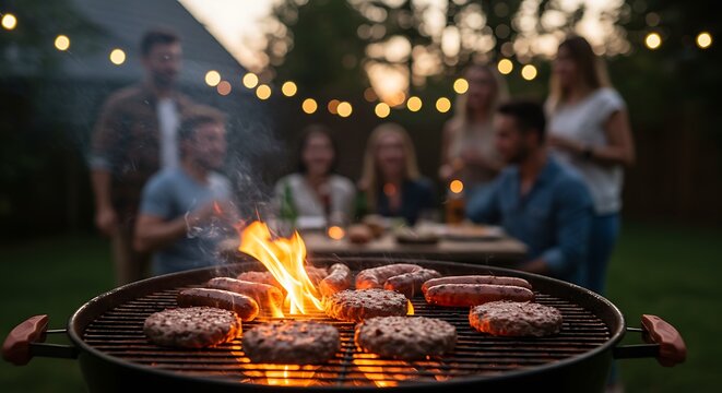 Friends enjoy a summer evening barbecue, grilling burgers and sausages with flames visible, while others socialize in the background.