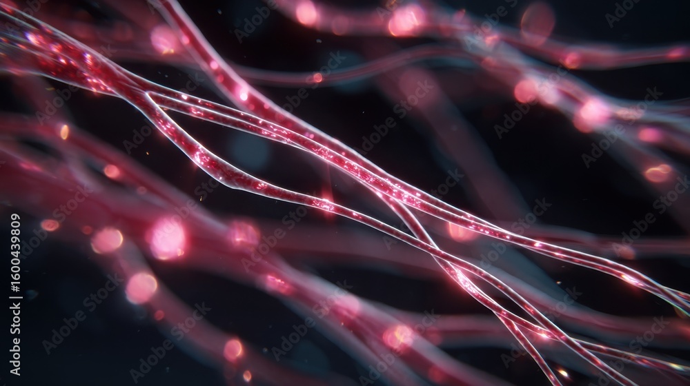 Poster dynamic image of glowing nerve fibers with glitching light pulses illustrating disrupted signal tran