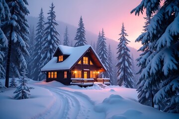 Cozy wooden cabin nestled in a snow covered forest at sunset