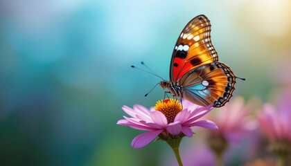 Naklejka premium Close-up of a colorful butterfly sitting on a blooming flower, blurred background, professional macro photography, ultra-HD, sharp and clear