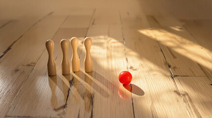 Red Bowling Ball and Wooden Pins on Wooden Floor