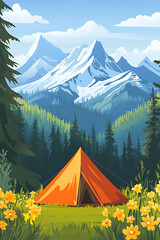 Vibrant camping scene with an orange tent surrounded by blooming flowers and majestic mountains