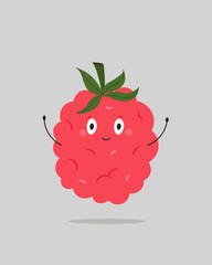 Cute Raspberry with Face and Hands. Funny Fruit, Berry Cartoon Character. Vector Illustration