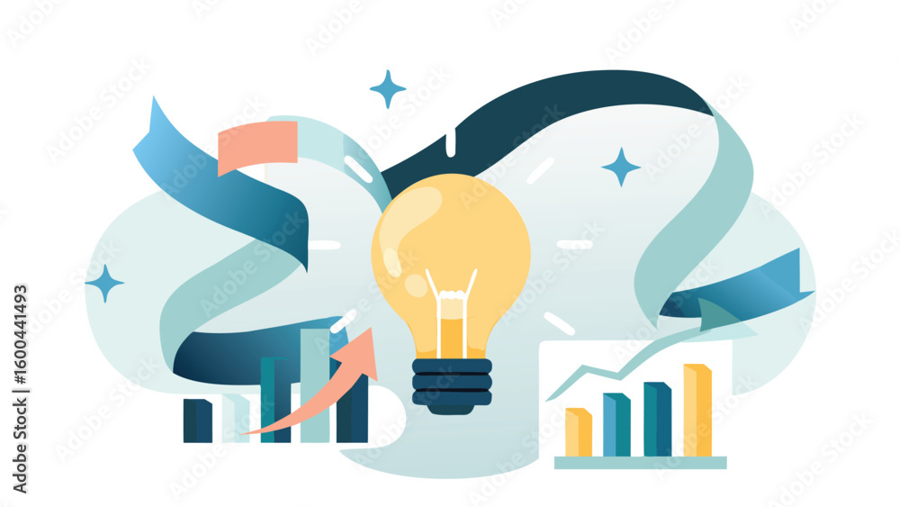 Aufkleber illustration showing a lightbulb with graphs and an arrow indicating growth and innovation
