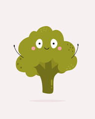 Cute Broccoli with Face and Hands. Funny Vegetables Cartoon Character. Vector Illustration