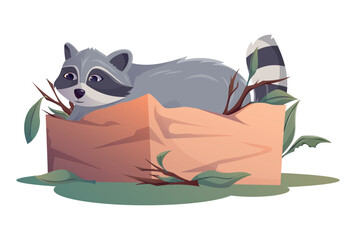 Cute raccoon nesting in a crumpled cardboard box filled with dry branches, fun vector cartoon illustration for eco, wildlife, or children educational design projects